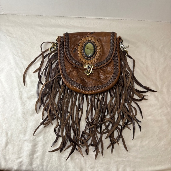 Handbags - Western/Bohemian Jean Belt Bag Leather Fringe Semi-Precious Stone Swing Latch